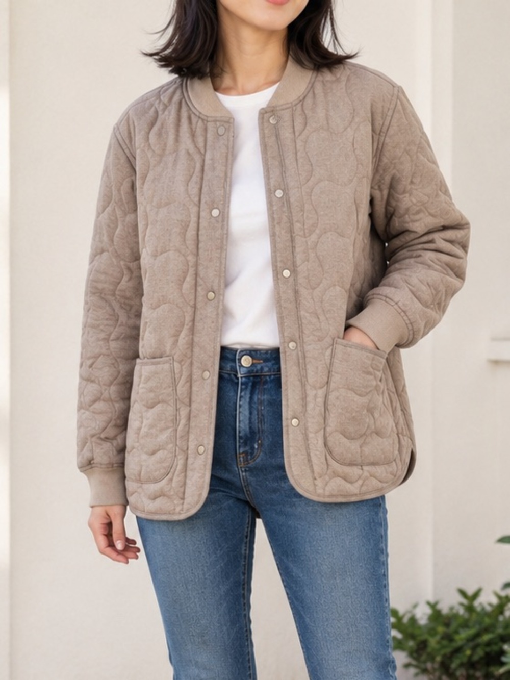 🔹 Madewell Quilted Liner Jacket XXS | Taupe Neutral Snap Front Utility Coat